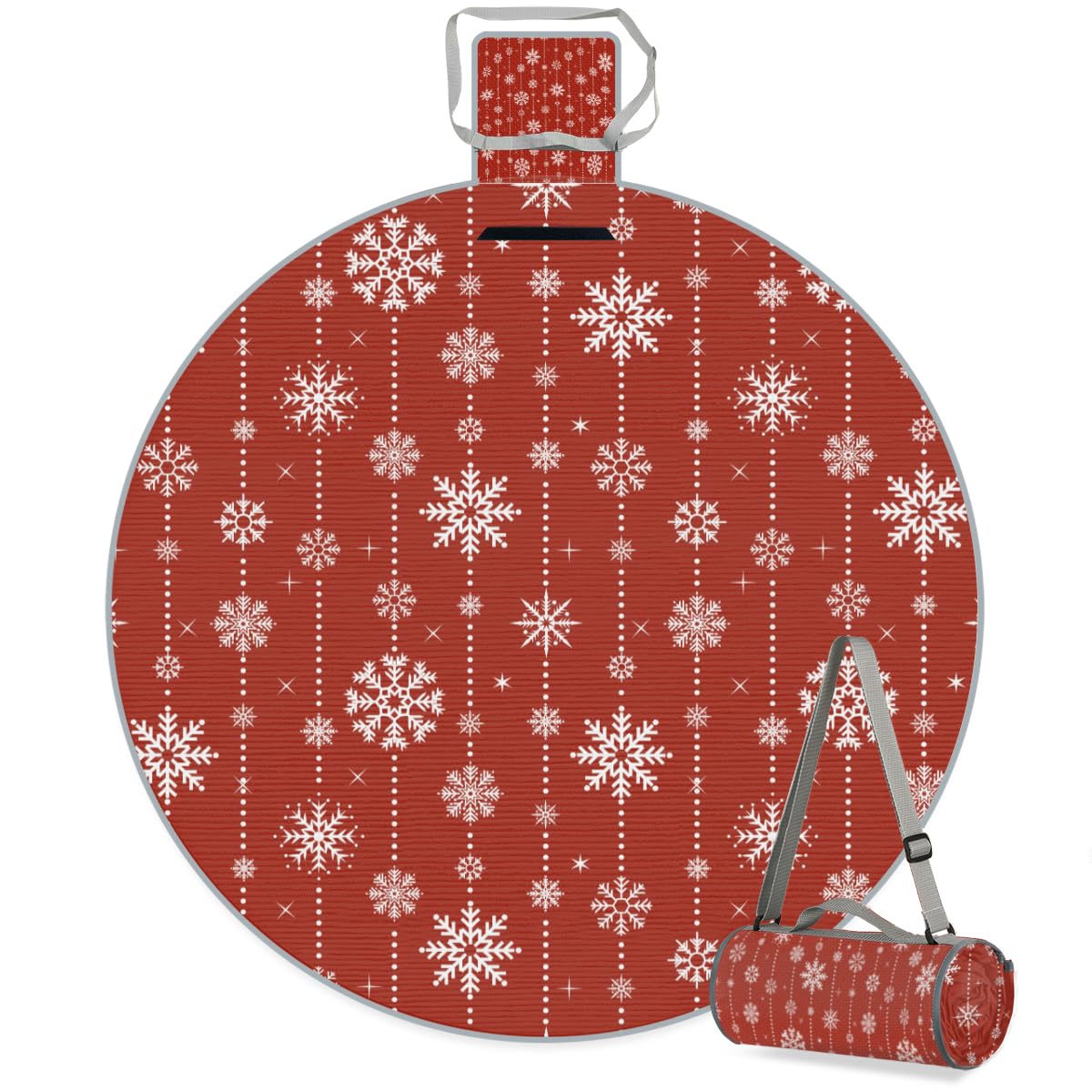 Shimoshe White Snowflakes On Red Background Picnic Outdoor Blanket Foldable Waterproof Sandproof Beach Blanket Portable Water-Resistant Round Picnic Mat for Travel Camping Park Lawn