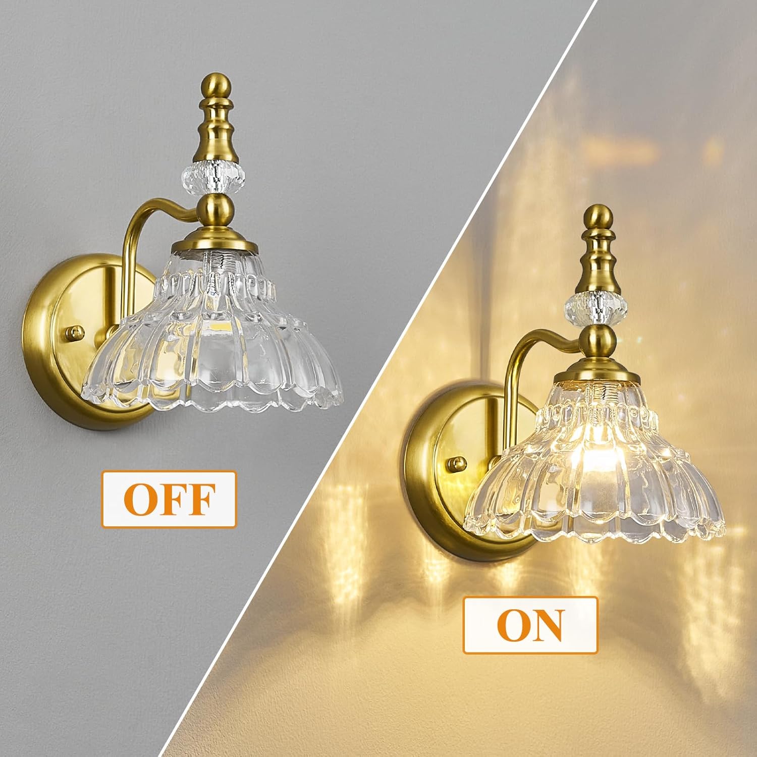 Vintage Wall Sconces Matte Brushed Brass Finish Indoor Wall Sconces Fixtures Wall Lights with Crystal Glass Shade Vanity Lights for Bedroom Bathroom Living Room Hallway(1-Pack)