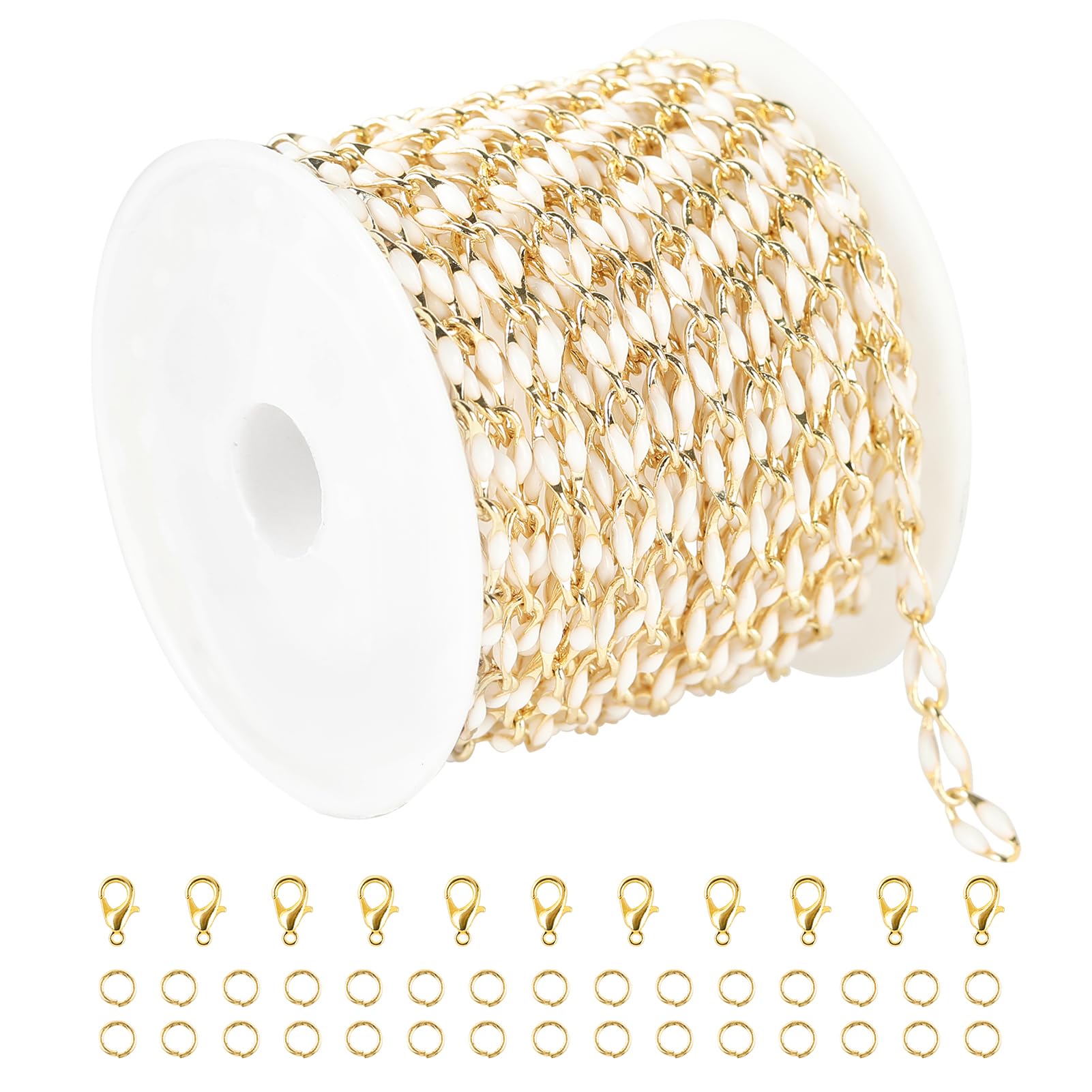 Catena smaltata bianca per personalizzare la collana fai da te, catena in ottone placcato oro da 2 metri con anelli aperti e chiusure a moschettone