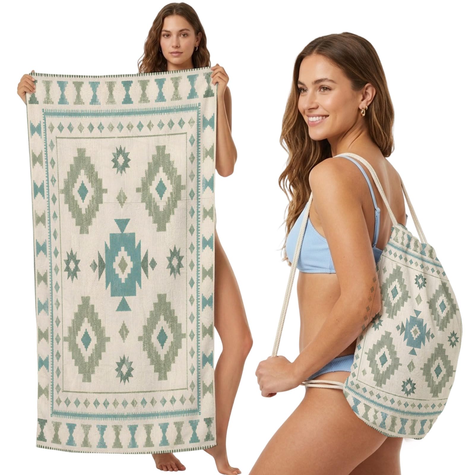Beach Towel Bag 2 in 1 Green Southwestern Aztec Arrows Bath Pool Towels Backpack Bohemian Tribal Absorbent Beach Towel Soft Quick Dry Lightweight Packable Towels Drawstring Bag for Travel Sports Yoga