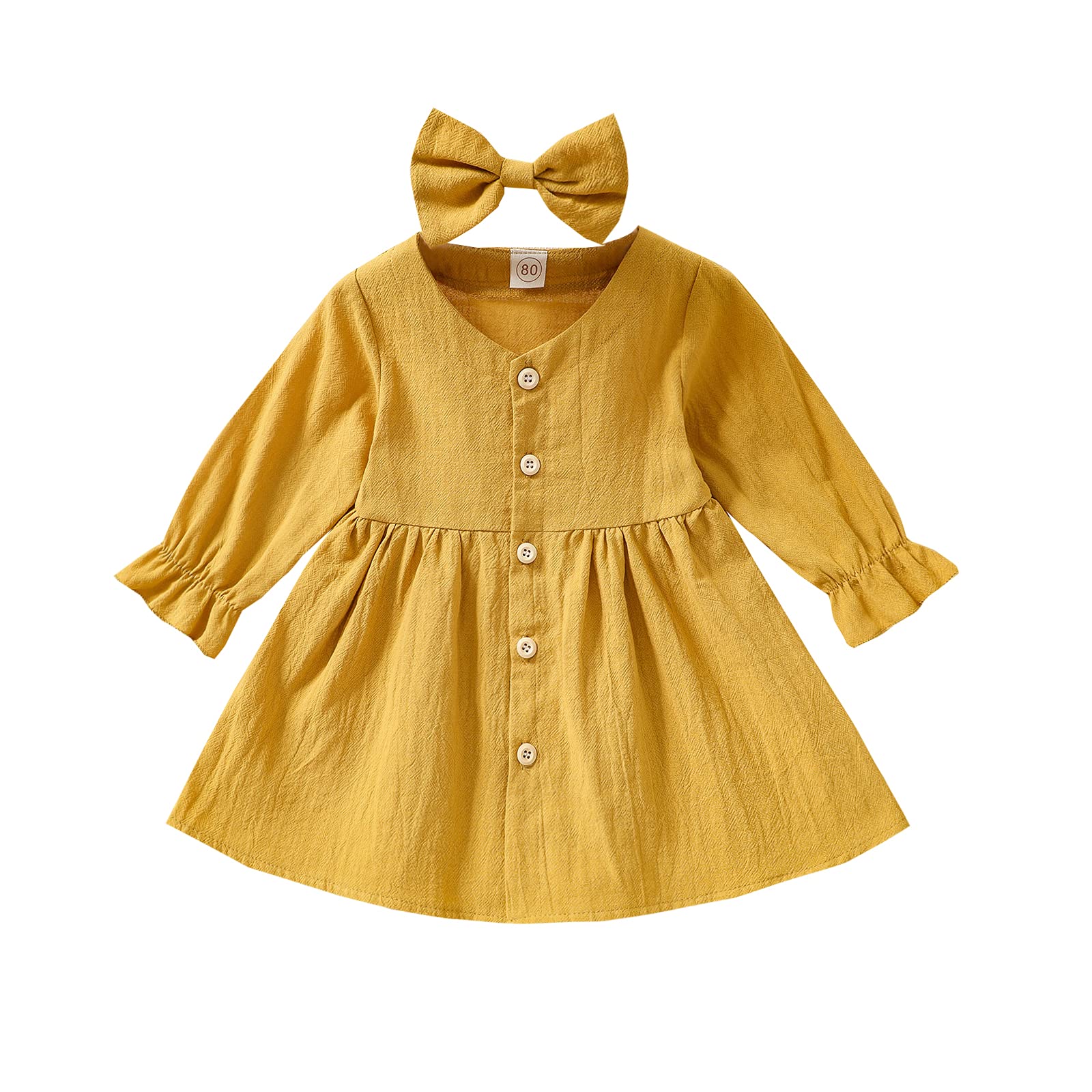 OikMombiu Toddler Kids Baby Girl Dress Long Sleeve Cotton Linen Ruffle A-Line Dresses Fall Winter Clothes Outfits (Yellow,18-24 Months)