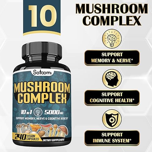 Miniatura 5 de Cápsulas complejas de hongos de 5000 mg - 10 extractos de hierbas para apoyo mental energía e inmunológico combinado con melena de león Cordyceps