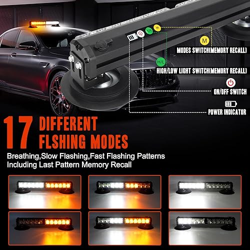 Miniatura 4 de OPPBUY Luz estroboscópica LED ámbar blanca para techo de camión de 12.2 pulgadas, inalámbrica, recargable, luces estroboscópicas de emergencia con