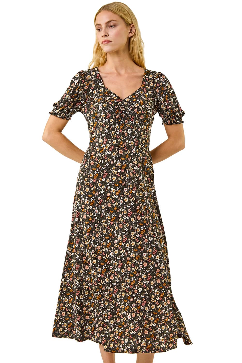 Roman Floral Print Dress for Women UK Ladies Sweetheart Neck Ruched Midi Maxi Long Length Short Sleeve Flattering Casual Summer Spring Party Evening Going Out - Floral Pink - Size 18