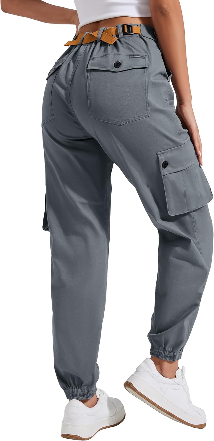 Pioneer Camp Women's Stretchy Cargo Pants with Pockets High-Rise Casual Hiking Cotton Joggers Adjustable Waistband with Belt