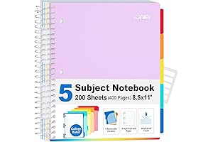 SUNEE 5-Subject College Ruled Notebooks for Students with Dividers