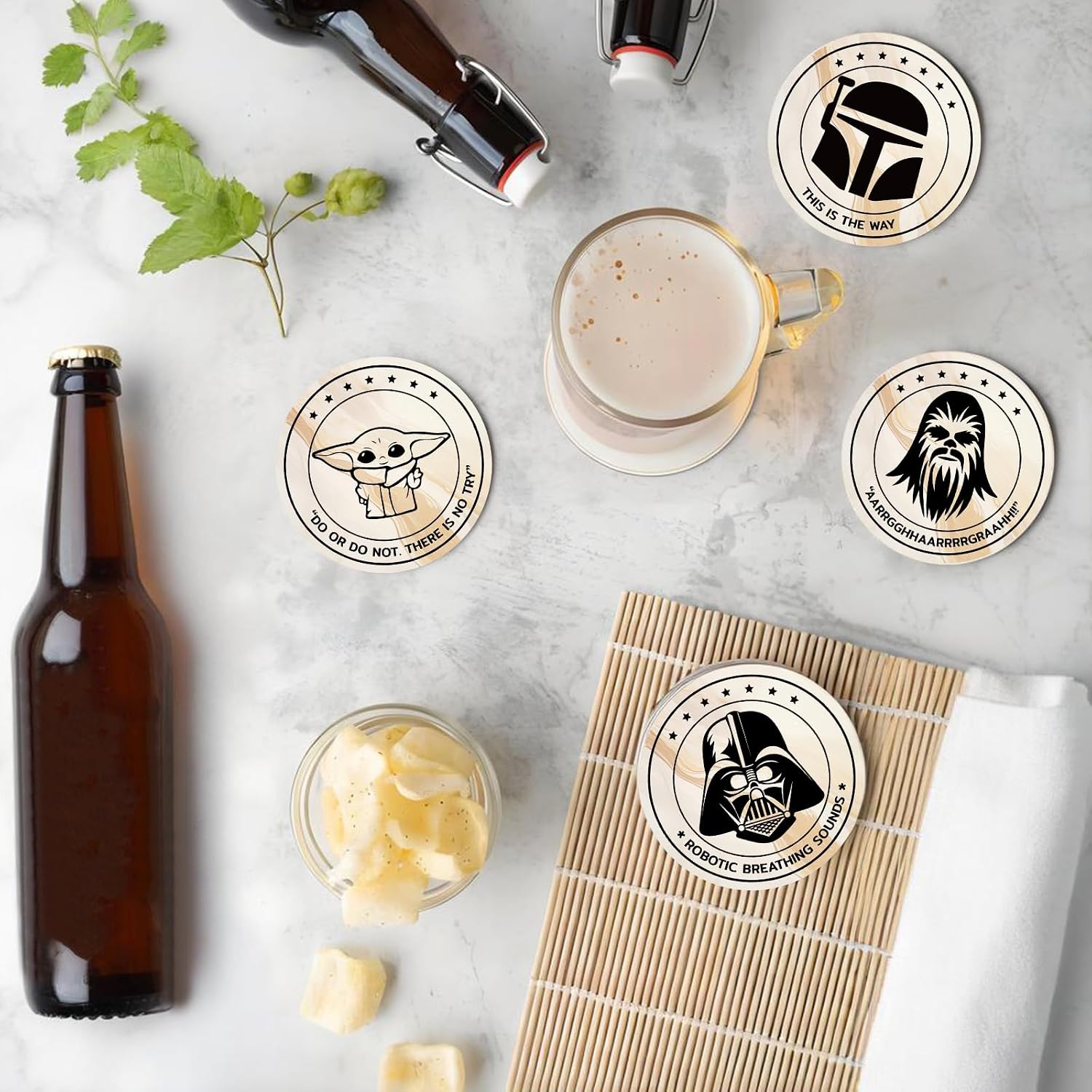 6 PCS Wars Cork Coasters for Drinks, Cork Coasters for Drinks with Coaster Holder, Funny Kitchen Decor, Suitable for Coffee Table and Bar, Wars Themed Gifts for Fans