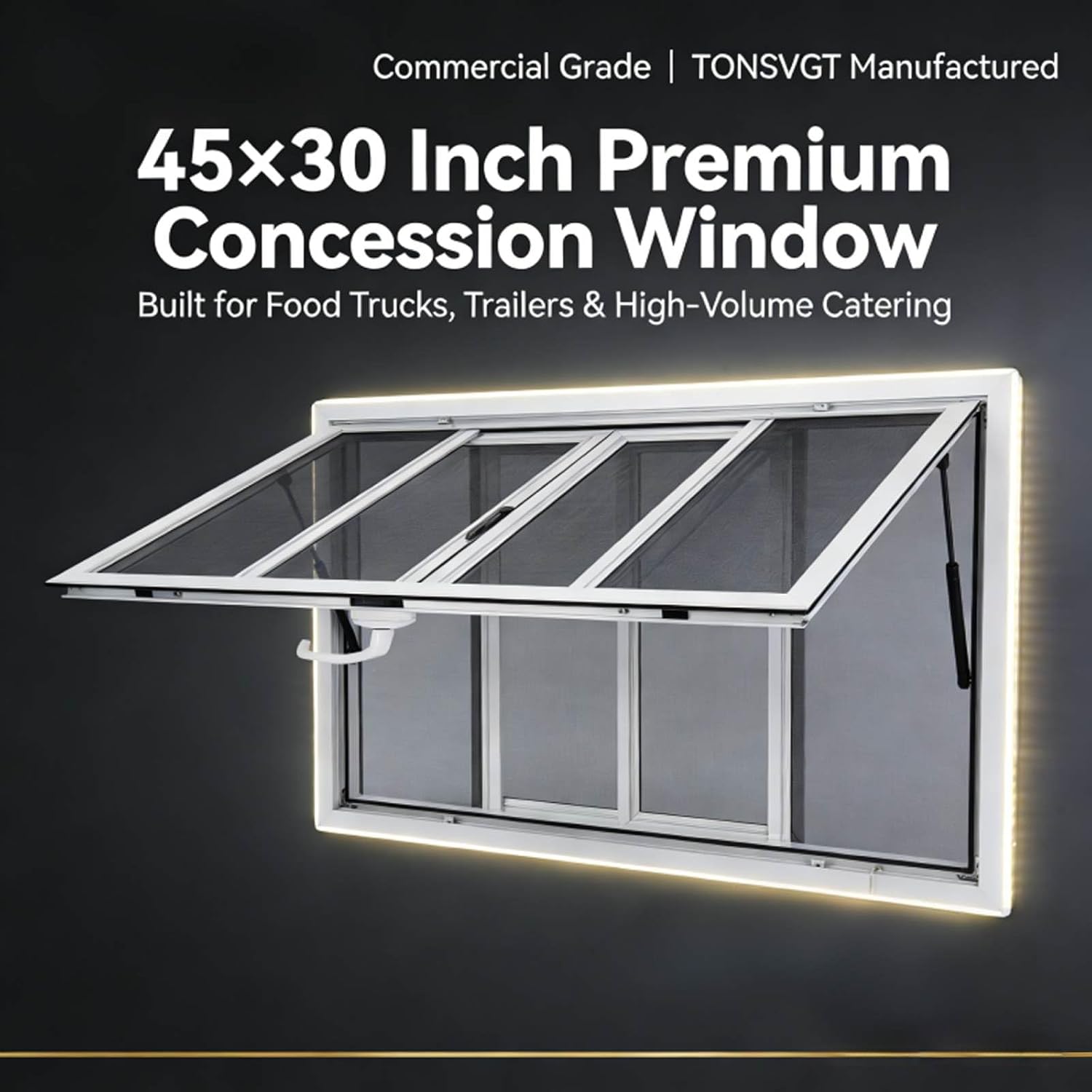Food Truck Concession Window 45x30 inch, Aluminum Alloy Serving with Awning & Screen Window & Drag Hook for Food Trucks, Trailers, Utility Rooms & Restaurant Kitchens
