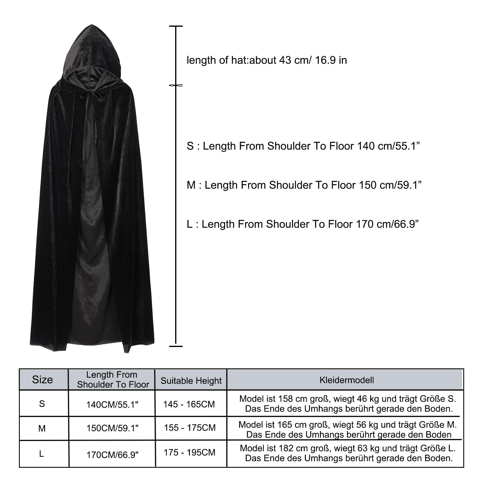 1 Pièce Cape à Capuche Noire Unisexe, Pour Halloween Cosplay, 90cm/S