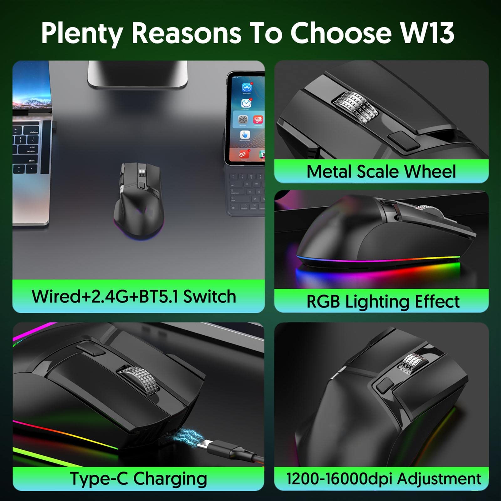 JUSHZ Mouse Wireless Ricaricabile Ergonomico Senza Fili Usb Cablato Fotoelettrico Doppio Rullo USB Regolazione A Sei Velocità Da 16000 Dpi (123x73x42MM,black)