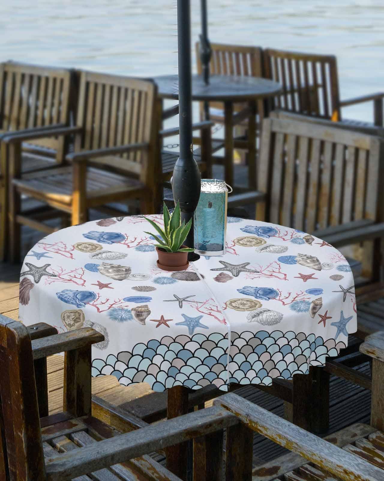 Coastal Outdoor Tablecloths with Umbrella Hole and Zipper, Summer Beach Ocean Nautical Shells Starfish Coral Waterproof/Stain Resistant Round Table Cloth 54'' Patio Table Cover for Picnic/Party