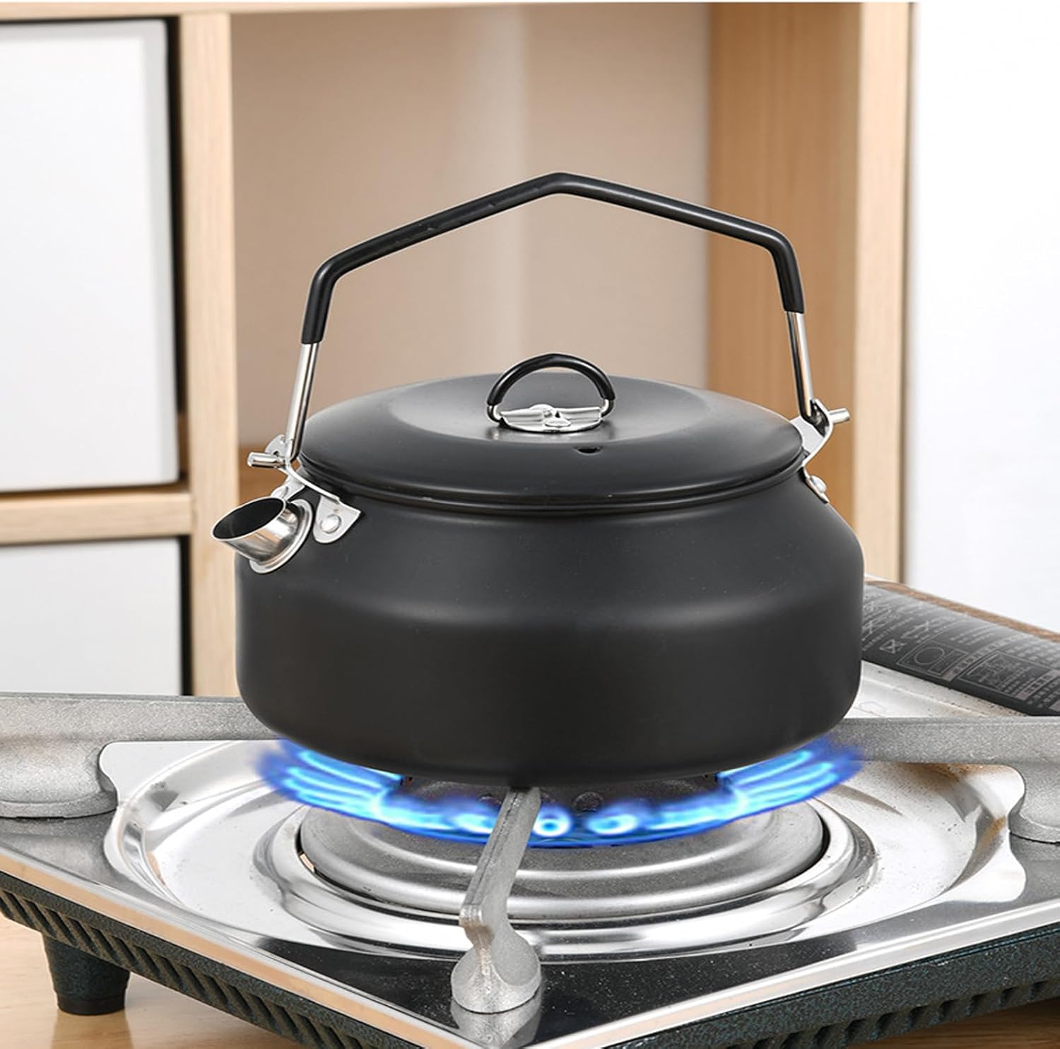 Tea Kettle, Stainless Steel Teapot, Portable Coffee Pot, Whistling Water Kettle, Camping Picnic Stove Top 0.7L/1.0L (Black 1.0L)