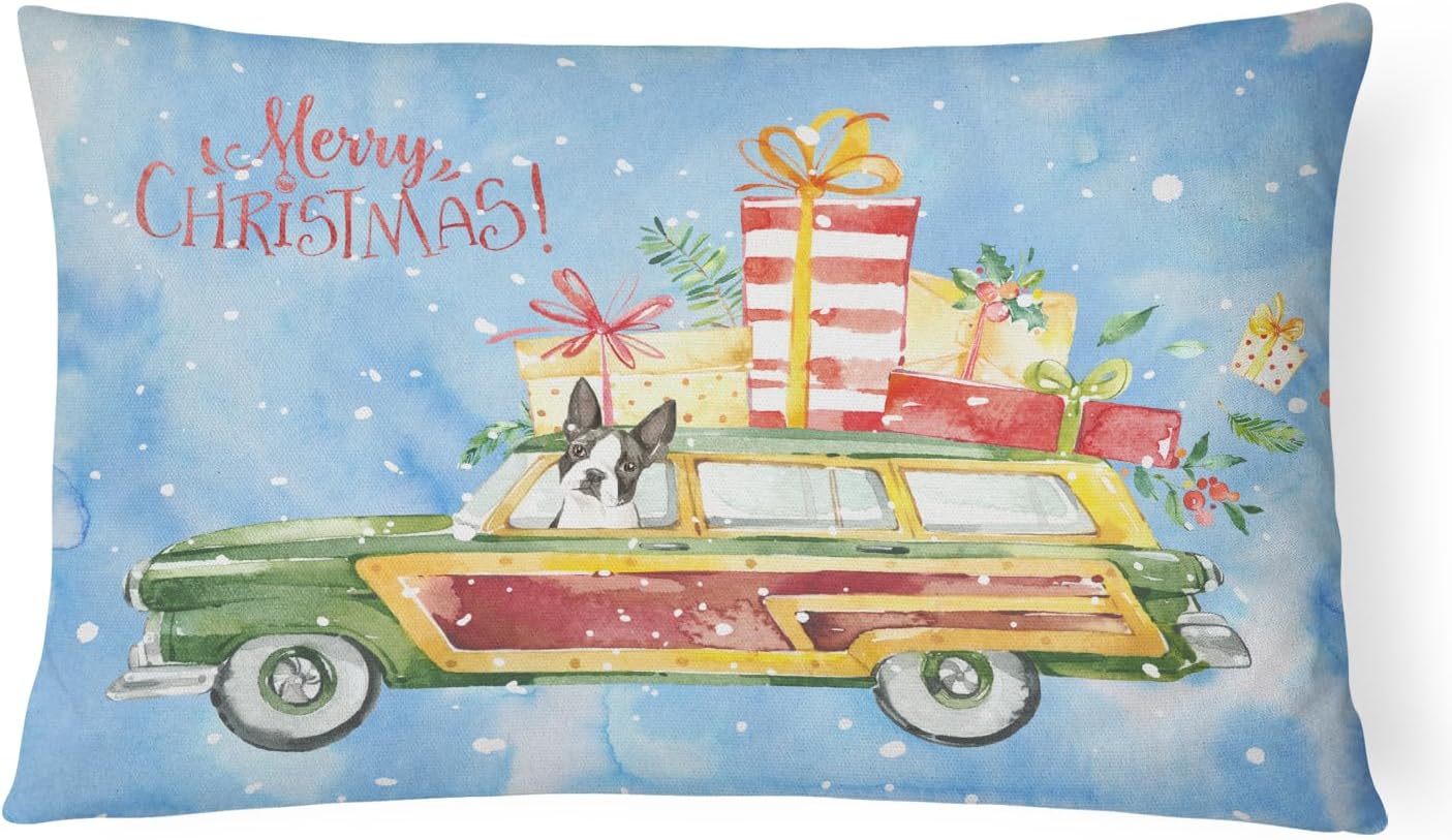 Caroline's Treasures CK2397PW1216 Merry Christmas Boston Terrier Canvas Fabric Decorative Pillow Machine Washable, Indoor Outdoor Decorative Pillow for Couch, Bed or Patio, 12HX16W