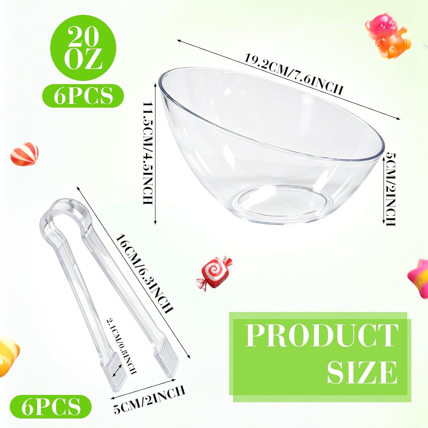 12 Pcs Plastic Candy Bowls and Tongs Set -6 Clear Plastic Bowls, 6 Plastic Tongs, Candy Table Display Sets for Buffets, Dessert Supplie, Salad, Party Serving