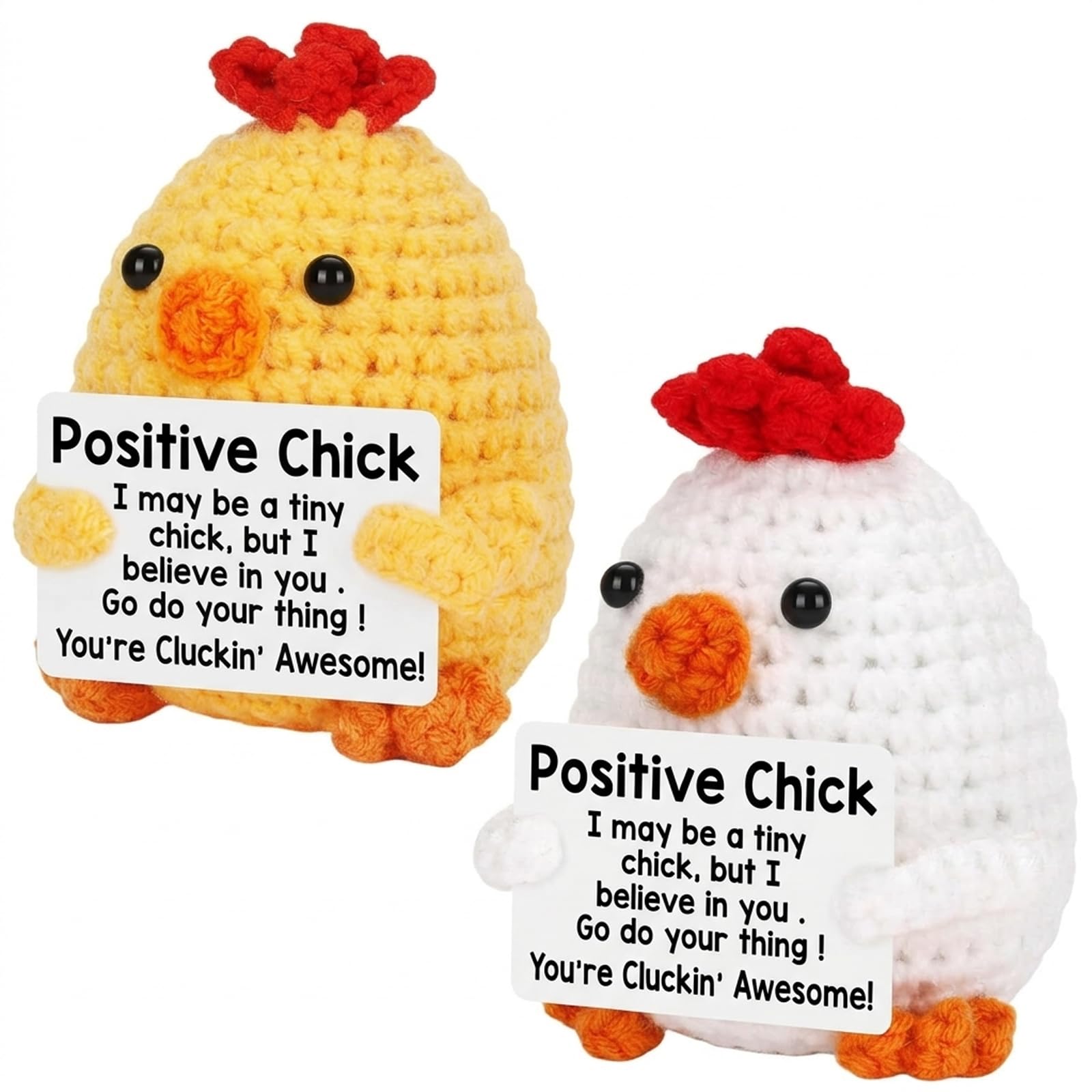 BAGUBDR 2PCS Crochet Animals Chicken, Inspirational Desk Decor for Emotional Support, Encouraging Gift for Birthday Graduation, Handmade Yellow and White Knit Chicks, 7cm Size