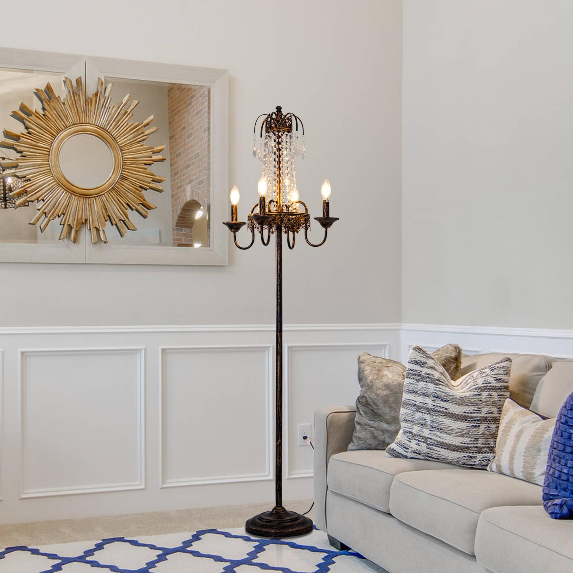 TOCHIC 4 Lights Farmhouse Tranditional Crystal Floor Lamp, Vintage Candelabra Floor Lighting Fixture 62.3" Tall for Living Dining Room, Entryway, Antique Bronze