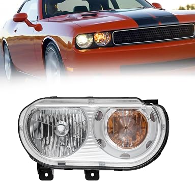 KARPAL Headlight Assembly Compatible with 2008-2014 Dodge Challenger Halogen Headlamp Chrome Housing W/Bulbs Passenger Right Side Replacement CH2519137
