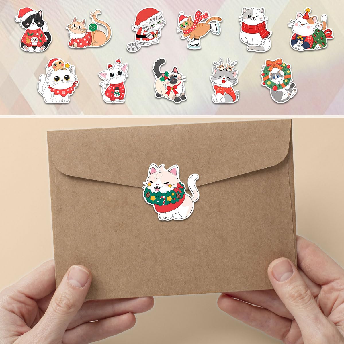 Set di 12 adesivi natalizi a forma di gatto, con cappello di Babbo Natale, maglione, sciarpa, ornamento, ghirlanda, decorazioni festive, adesivi in vinile per laptop, bottiglia d'acqua, telefono