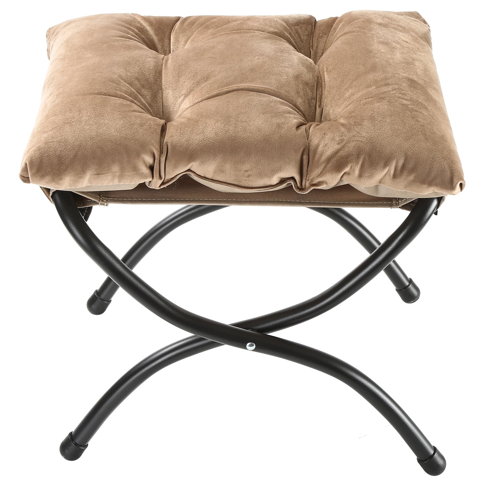 WELL-STRONG 15" Foldable Foot Stool Ottoman with Metal Frame - Washable Khaki Upholstered Indoor/Outdoor Footrest for Living Room, Bedroom, Patio -