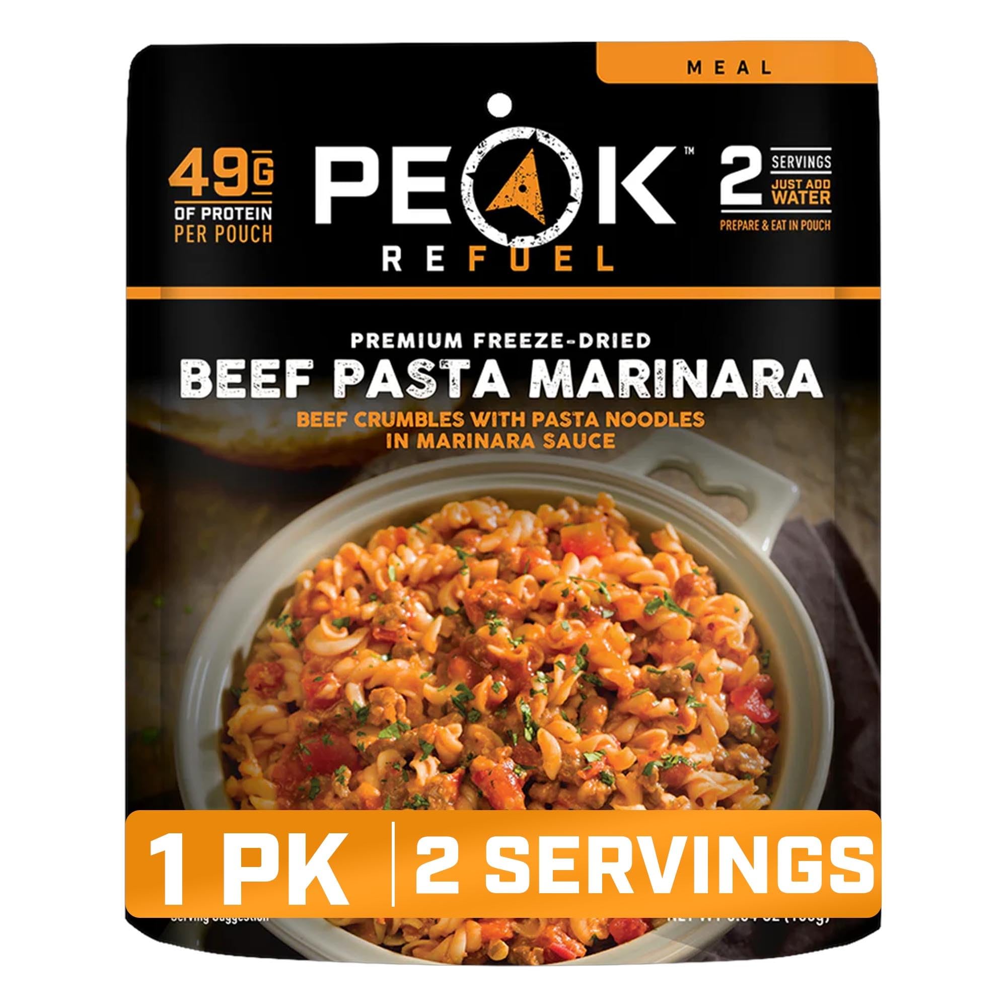Peak Refuel Beef Pasta Marinara | 49g Protein | 1040 Calories | 100% Real Meat | Premium Freeze Dried Backpacking & Camping Food | 2 Servings | Ideal MRE Survival Meal (2 Serving Pouch)
