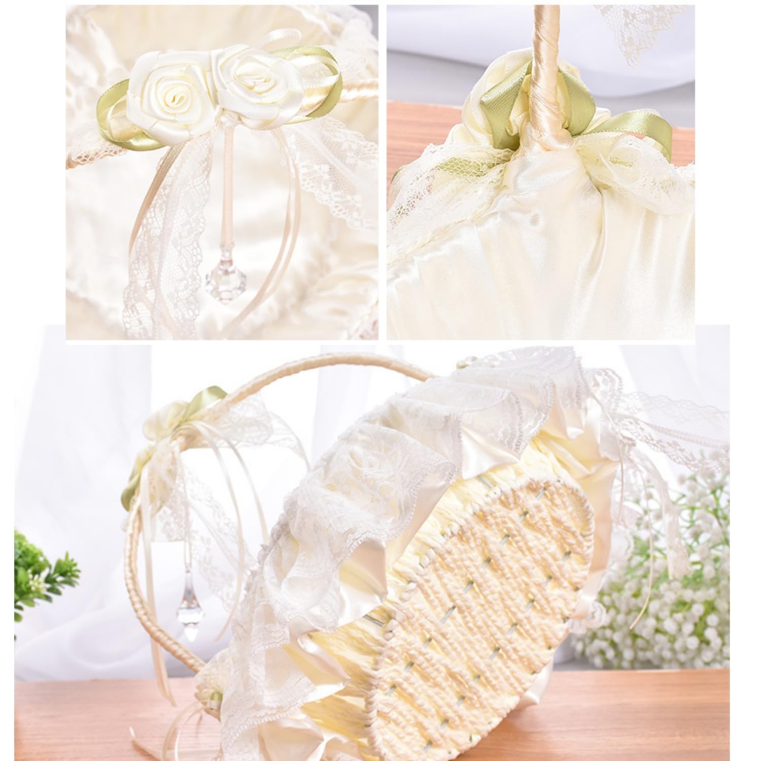 Grande cesto per damigelle per matrimoni, cestino intrecciato a mano con manico in pizzo oscillante, fiori e fiocchi in raso, decorazione con fiocco in pizzo e accessori per feste