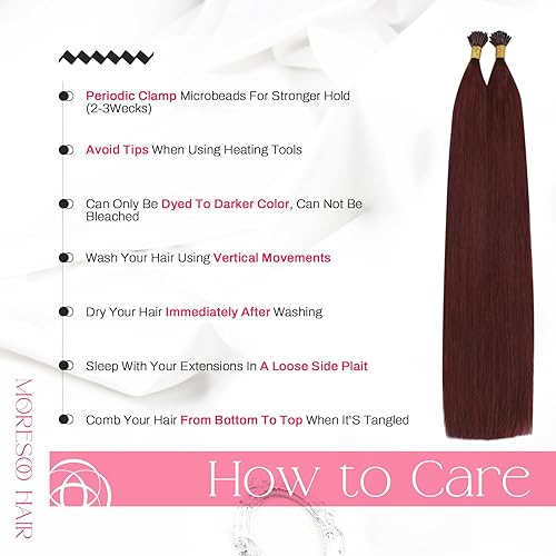 Miniatura 6 de Moresoo Extensiones de cabello humano con punta en I Tip, extensiones de cabello humano real color rojo vino, Itip para boda, 0.03 ozS 50S, 18