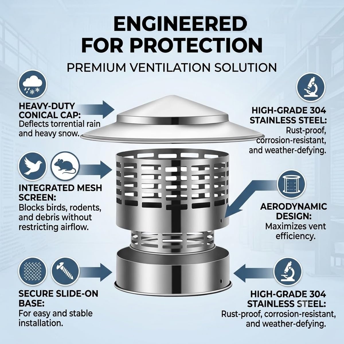 Comignolo per Camino Tetto Acciaio Inox 304 Terminale di Ventilazione Esterno Estrattore d'Aria con Rete Anti Insetti(6.3″(160mm))