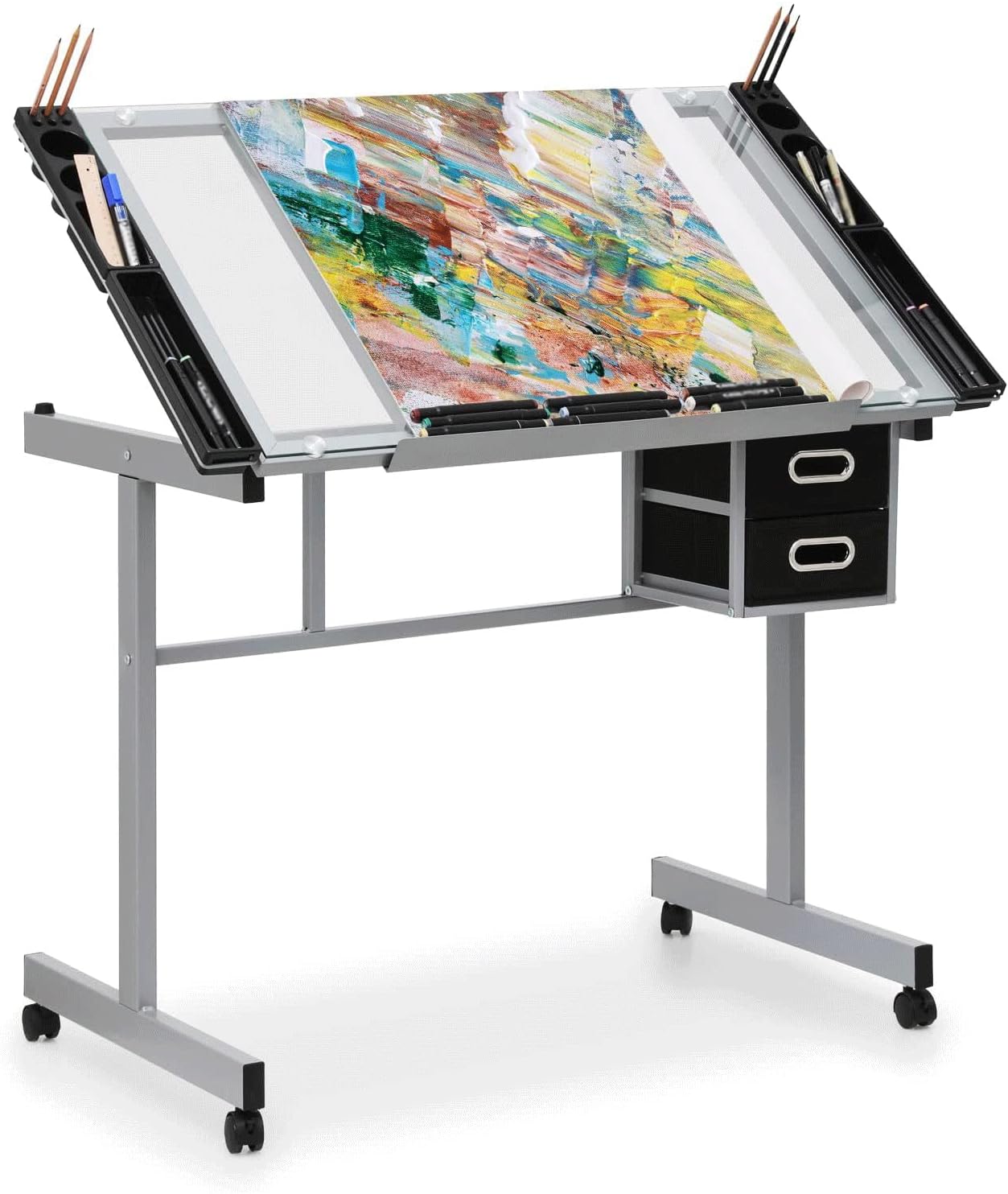 Drafting Table, Multi-Functional Office Desk, Tempered Glass Desktop, Adjustable Angle, with 360° Casters | for Drafting, Reading, and Office Work - with Side Storage and Drawers