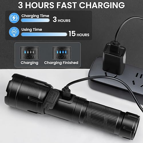 Miniatura 4 de Linterna recargable 99000 lúmenes altos, linterna LED súper brillante con 7 modos, resistente al agua y potente luz de flash para campamento, hogar,