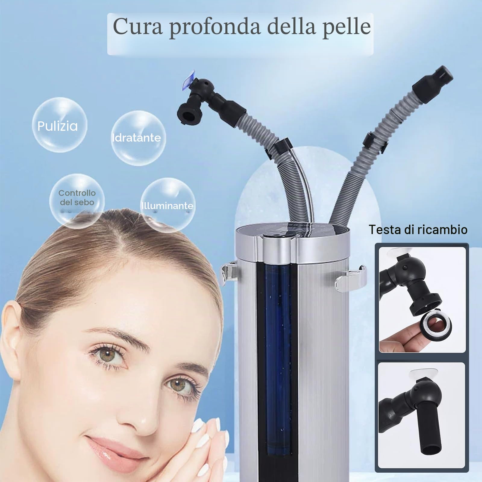Jcgly Vaporizzatore per Capelli con 2 Testine, Processore Professionale per Capelli con Base, Vaporizzatore 2 in 1 per Capelli e Viso per Saloni, Spa, Barbieri, in Lega di Alluminio Argentata