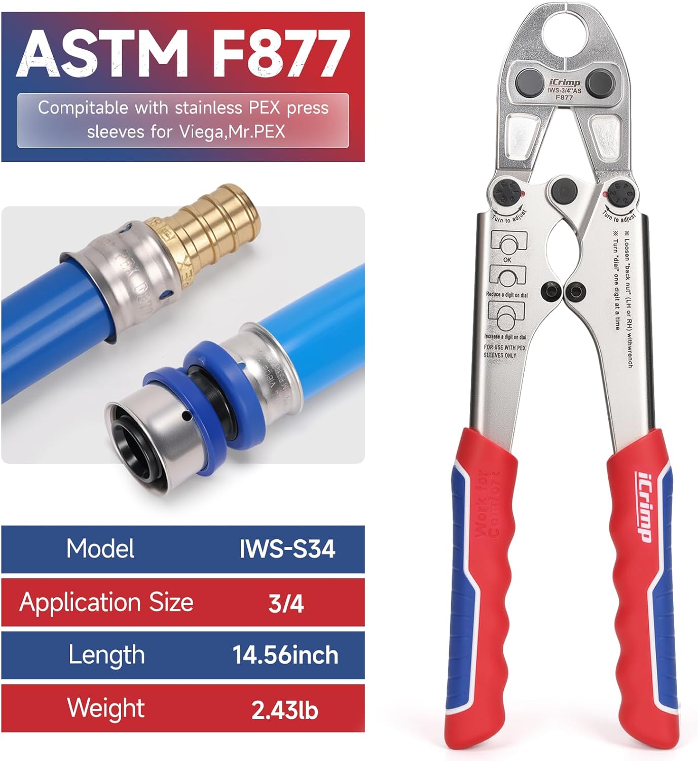 iCrimp PEX Press Tool for 3/4-inch Viega Pureflow Press Fittings, Installs Manabloc Manifolds