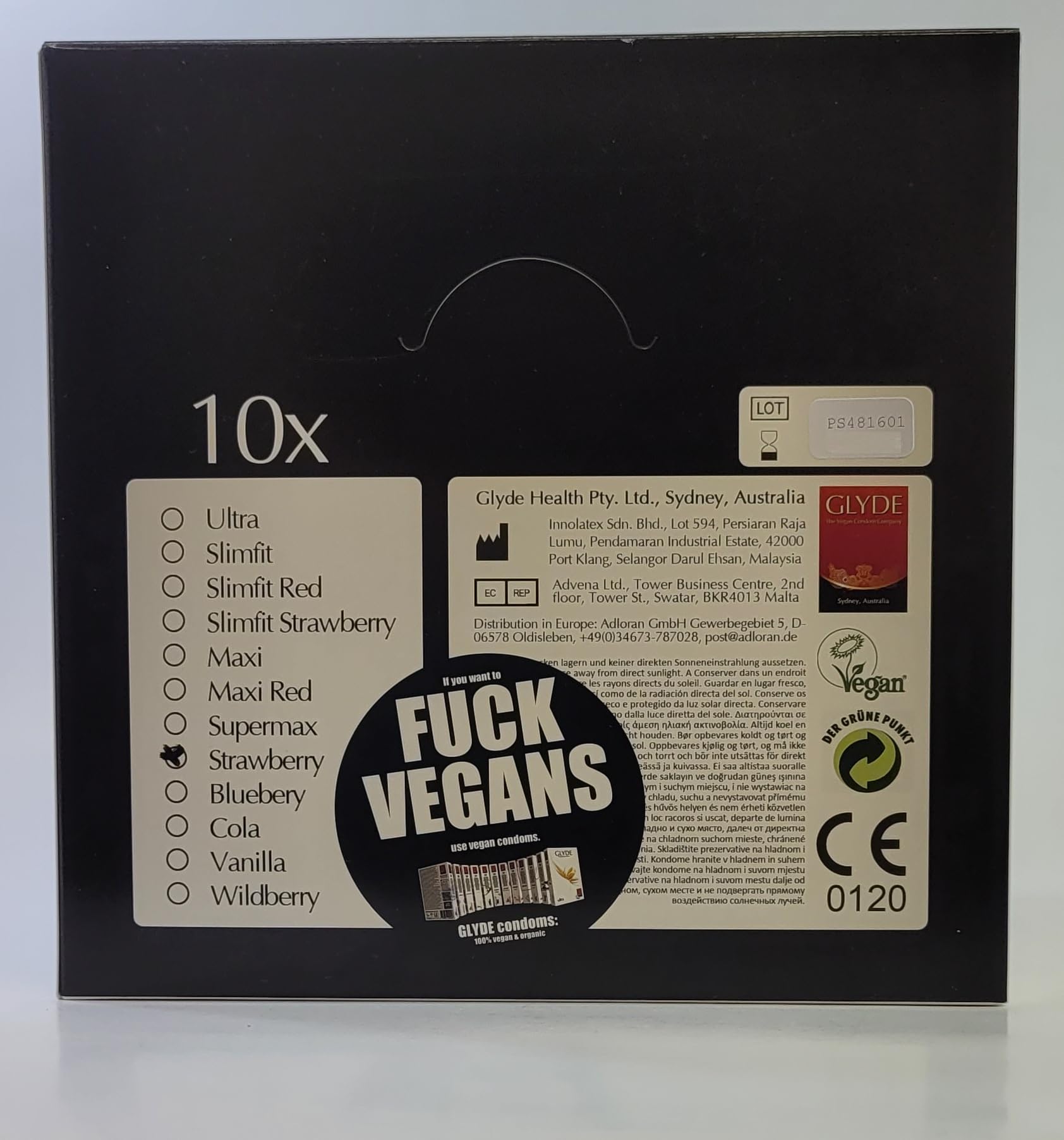Glyde Ultra Strawberry (Erdbeere) Vorteilspackung 10 x 10 vegane Kondome, rot mit Erdbeer-Aroma, vegane Kondome ohne Casein, zertifiziert mit der Vegan-Blume