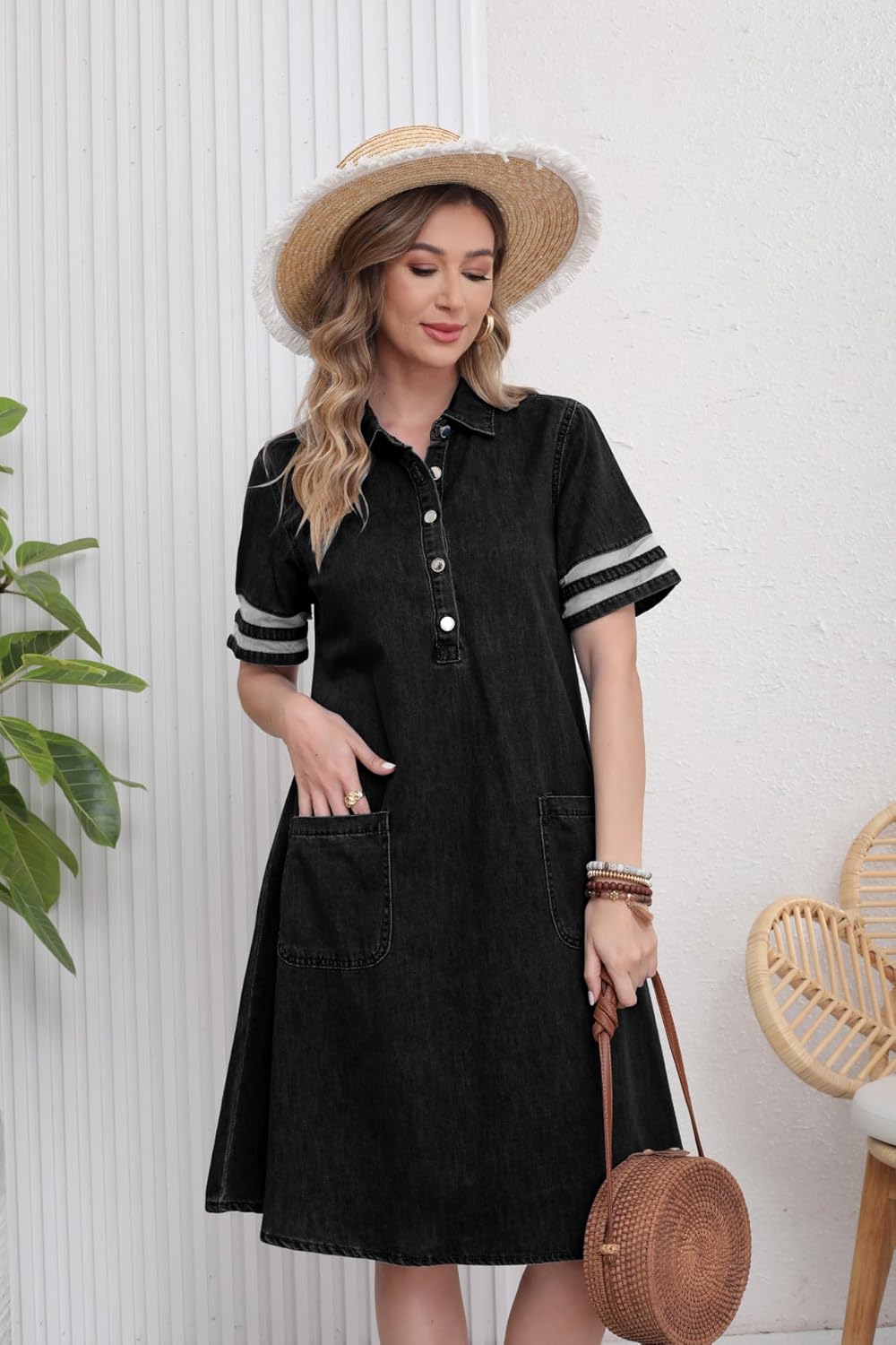 utcoco Denim Dress for Women 2025 Casual Tulle Short Sleeve Button Jean Midi Dress with Pockets - Image 3