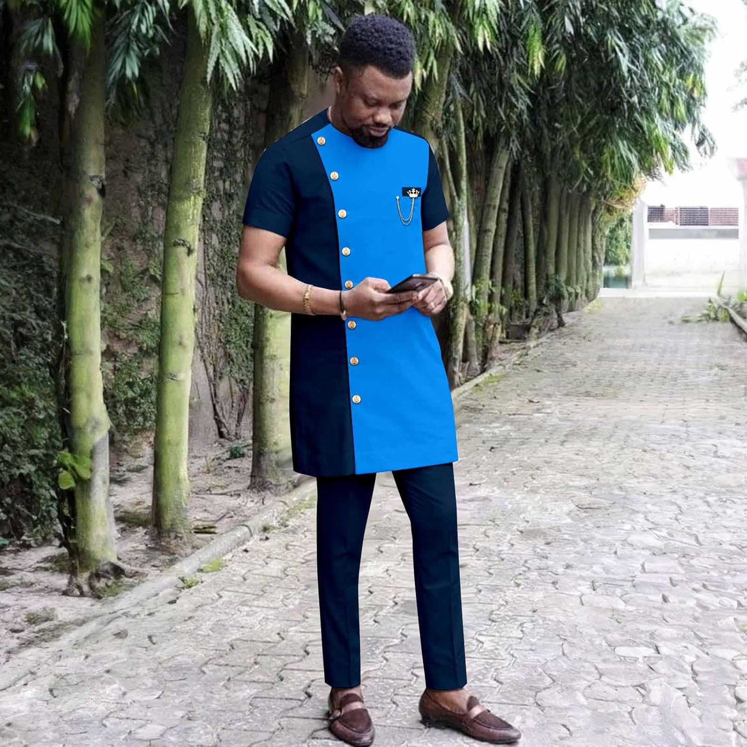 African Clothes for Men Tracksuit Single Breasted Tops and Pants 2 Piece Set Dashiki Blouse with Chains