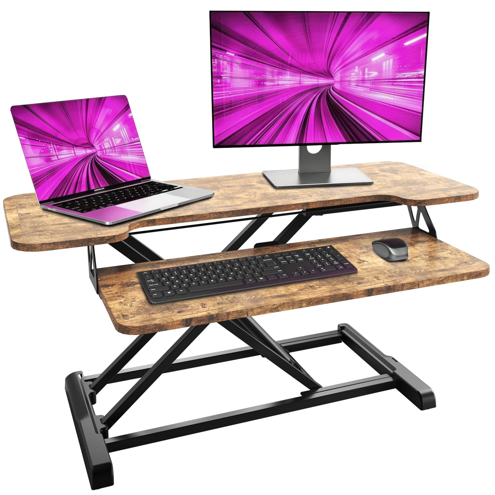 PUTORSEN Standing Desk Converter, 36 inch Height Adjustable Sit Stand Desk Converter, Ergonomic Sit Stand Dual Monitor and Laptop Riser Tabletop Workstation, Rustic Brown