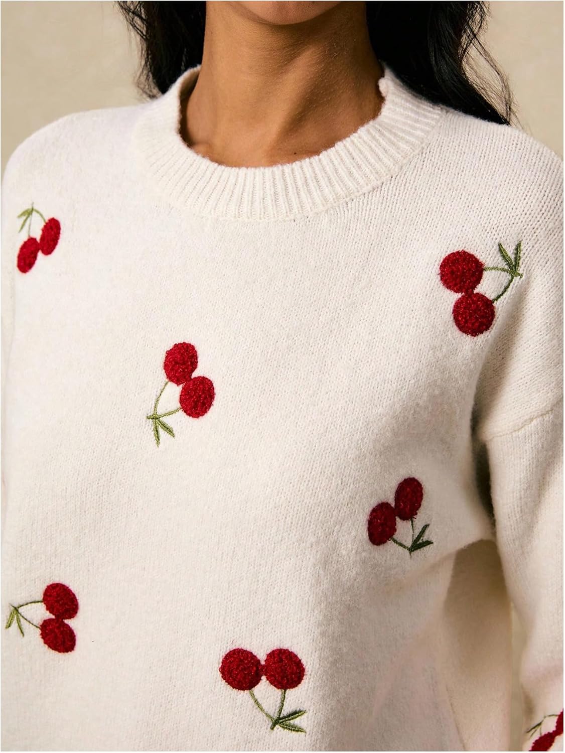 MakeMeChic Women's Cherry Embroidery Sweater Valentines Long Sleeve Knitted Winter Pullovers - Image 4