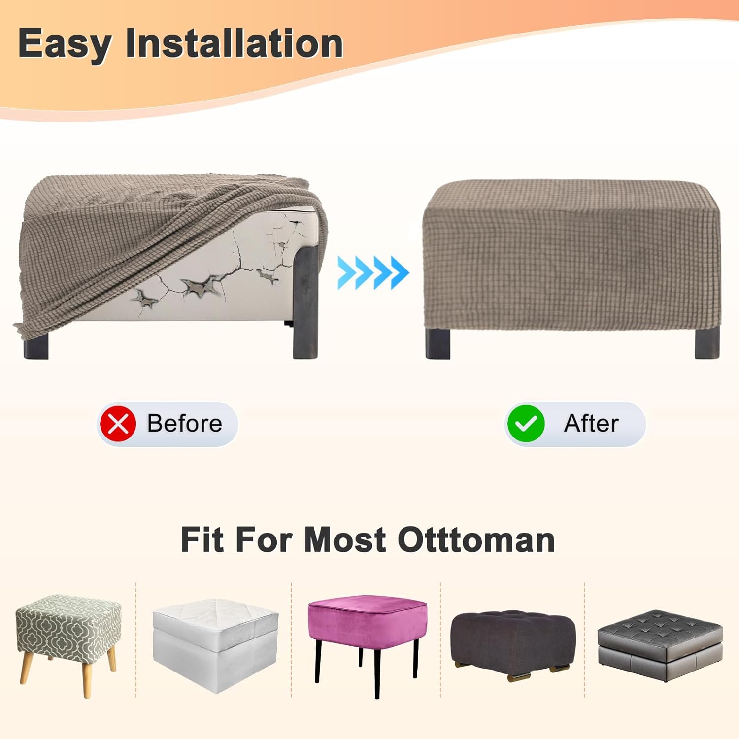 Stretch Square Ottoman Cover, 31 x 31 x 15 Inch Fabric Slipcovers Footstool Protector with Elastic Bottom for Folding Storage Furniture/Living Room/Entrance Hall [Light Brown]