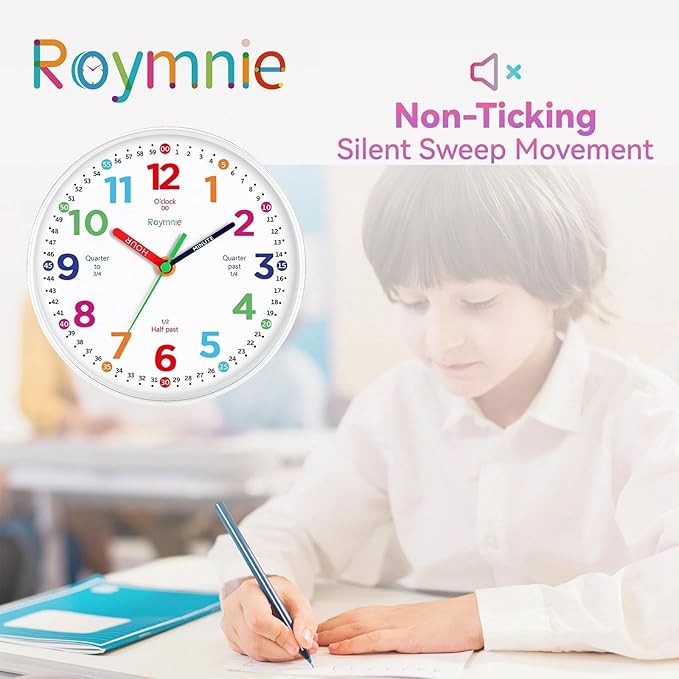 Roymnie Reloj de Pared 14 Pulgadas para Aprender la Hora Analógico Silencioso miniatura 8