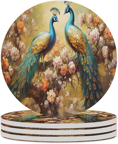 Miniatura 39 de Square-4 posavasos de cerámica de pavo real, posavasos cuadrados absorbentes para bebidas, estilo vintage de acuarela floral, hermosos posavasos