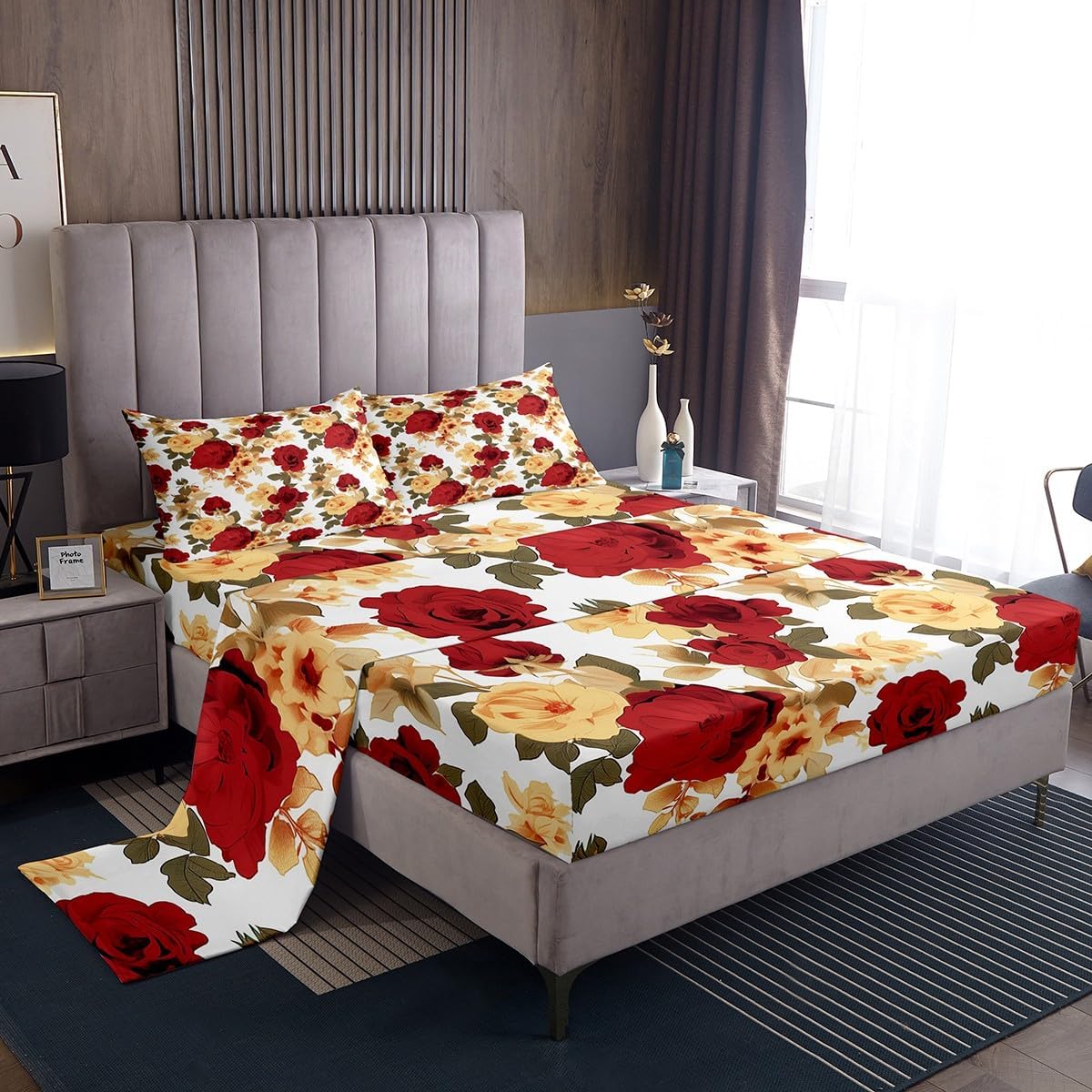 Feelyou Flower Bed Sheets Set King Size Rose Floral Flower