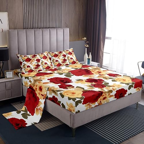 Feelyou King Size Rose Floral Sheet Set for Kids Boys Girls Vintage Flower Sheet