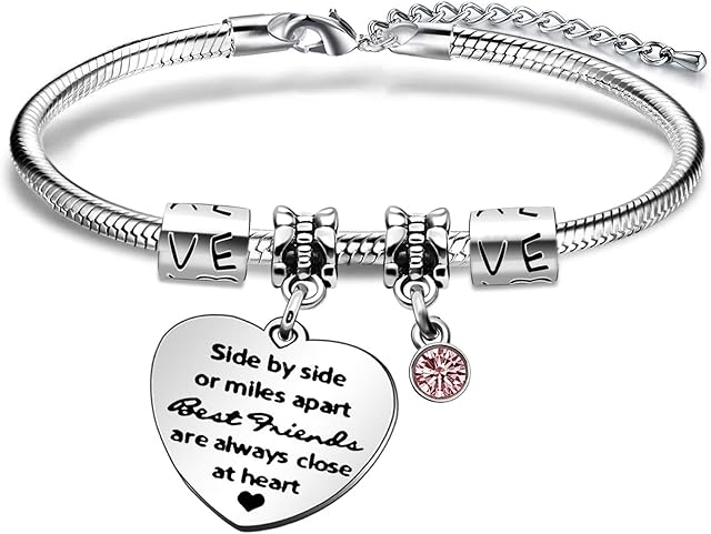 KENYG Side by Side Or Miles Apart Best Friends are Always Close at Heart Silver Crystal Bracelet Bangle for Women