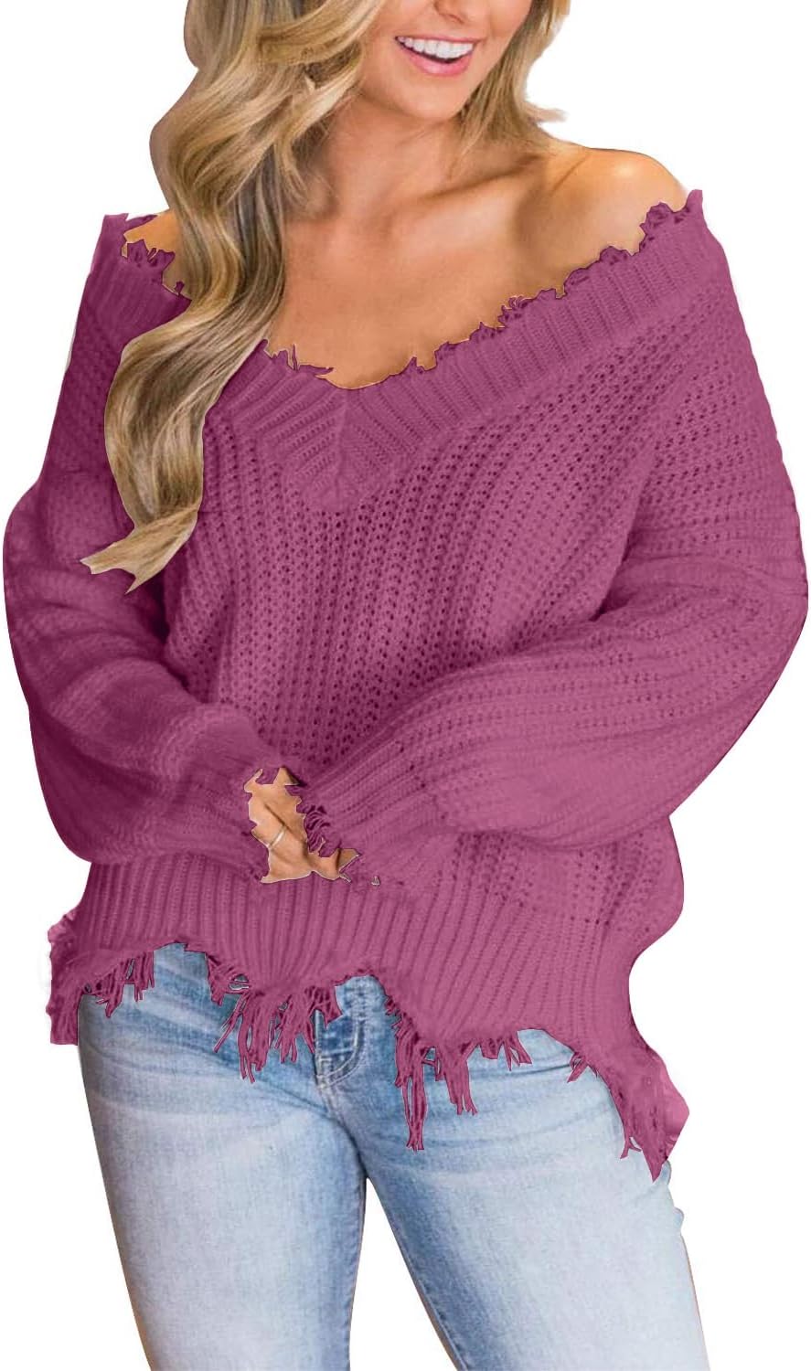 LAMISSCHE Womens Loose Knitted Off The Shoulder Sweater Solid V Neck Long Sleeve Pullover Ripped Crop Top