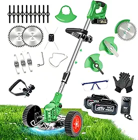Aparador de Grama Elétrico Sem Fio 21V, Roçadeira Recarregável com Rodas, Kit Completo com 2 Baterias e 3 Tipos de Lâminas para Jardim e Gramados