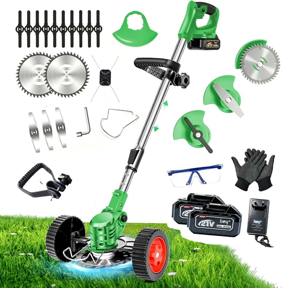 Aparador de Grama Elétrico Sem Fio 21V, Roçadeira Recarregável com Rodas, Kit Completo com 2 Baterias e 3 Tipos de Lâminas para Jardim e Gramados