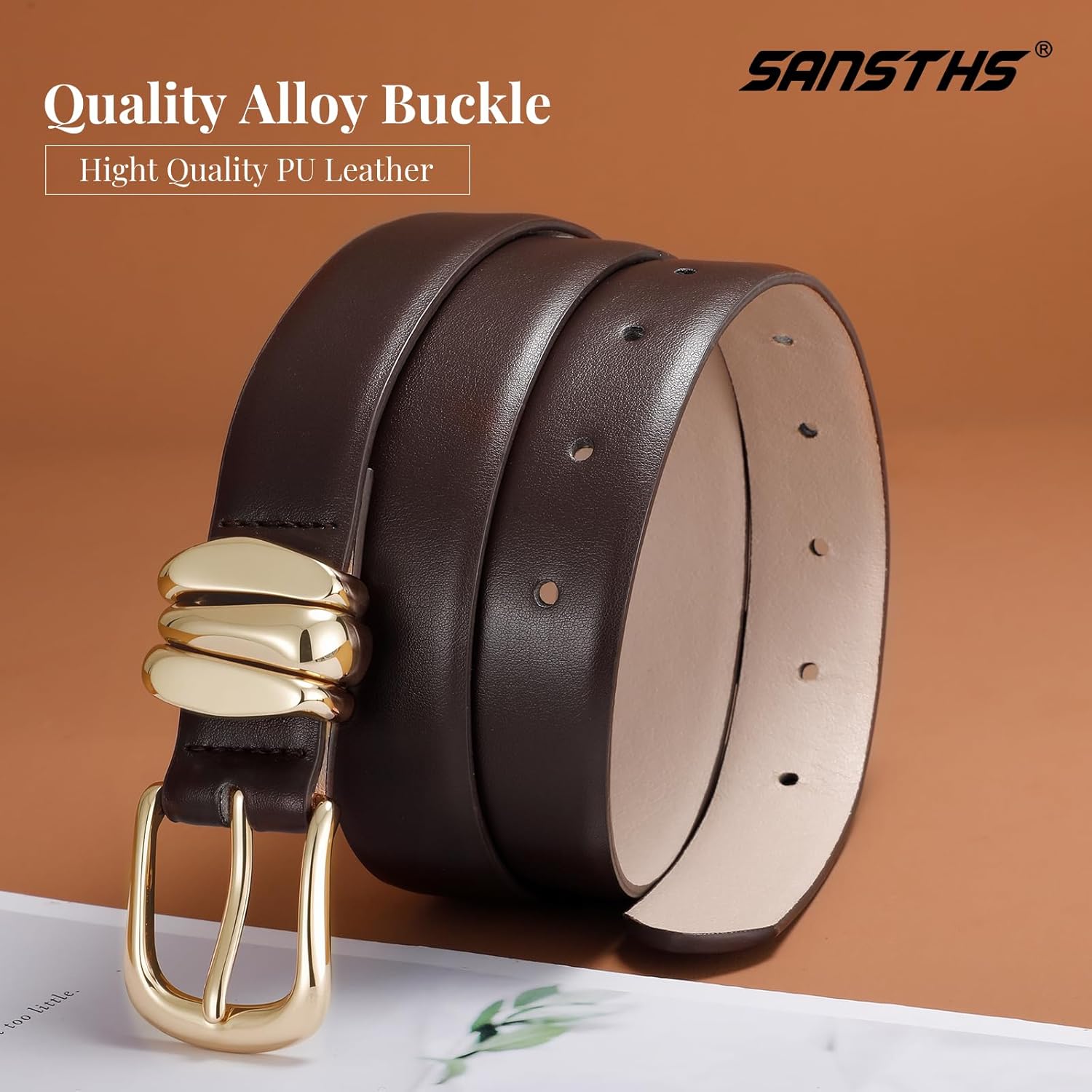 SANSTHS Womens Belt with Statement Triple Gold Keeper Loops, Stylish Ladies Waist Belt for Jeans Dresses Formal Wear - Image 3