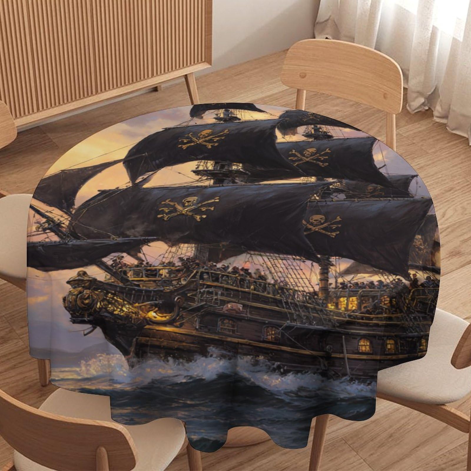 Luyysky Cool Vintage Pirate Ship Round Tablecloth Classic Rustic Nautical Sunset Ocean Waves Animal Bird Seagulls Washable Decor For Table Cover For Kitchen-152.4" Wx152.4 L Cm