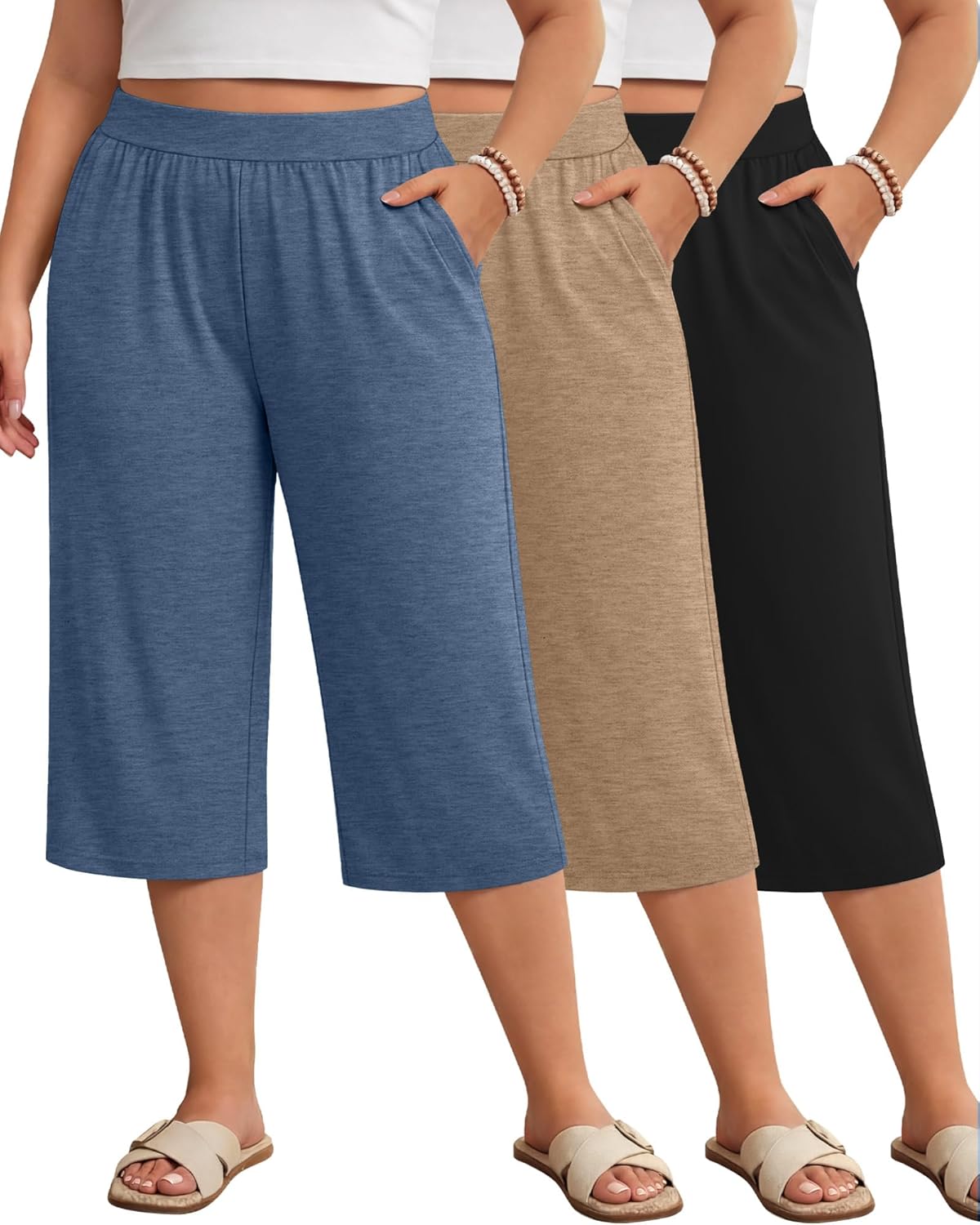 Huukeay 3 Pack Women's Plus Size Capri Pants Loose Fit Wide Leg Capris Sweatpants Summer High Waisted Yoga Pants with Pockets