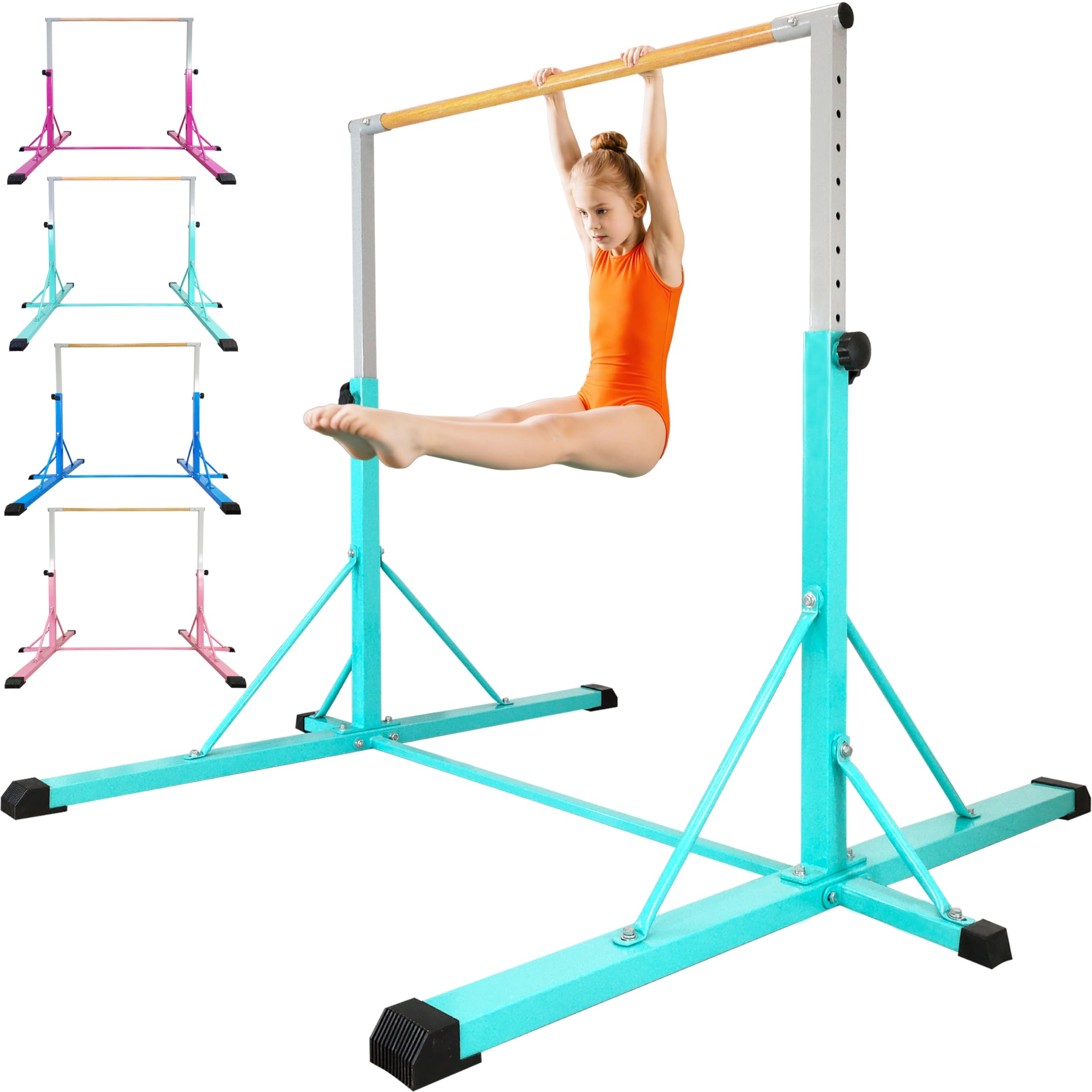 Gymnastics Bar for Kids Ages 3-15, 35" to 60" Adjustable Height, 4FT Wide Base - Professional Kip Bar with 360° Stability & Fiberglass Crossbar, Easy Fold&Solid Design for Home Training