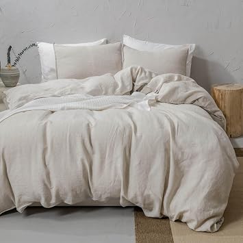 meadow park 100% Linen Duvet Cover Set Twin, 2 Pieces 1 Duvet Cover and 1 Pillow sham, Basic Style with Button Closure, Washed French Flax, Twin Size, Solid Natural Color.
